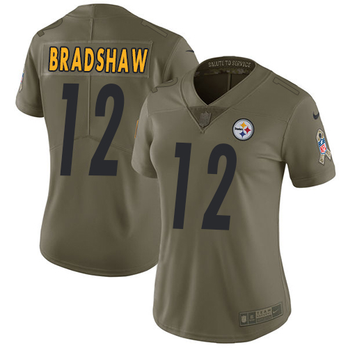 Nike Steelers #12 Terry Bradshaw Olive Women's Stitched NFL Limited Salute to Service Jersey - Click Image to Close